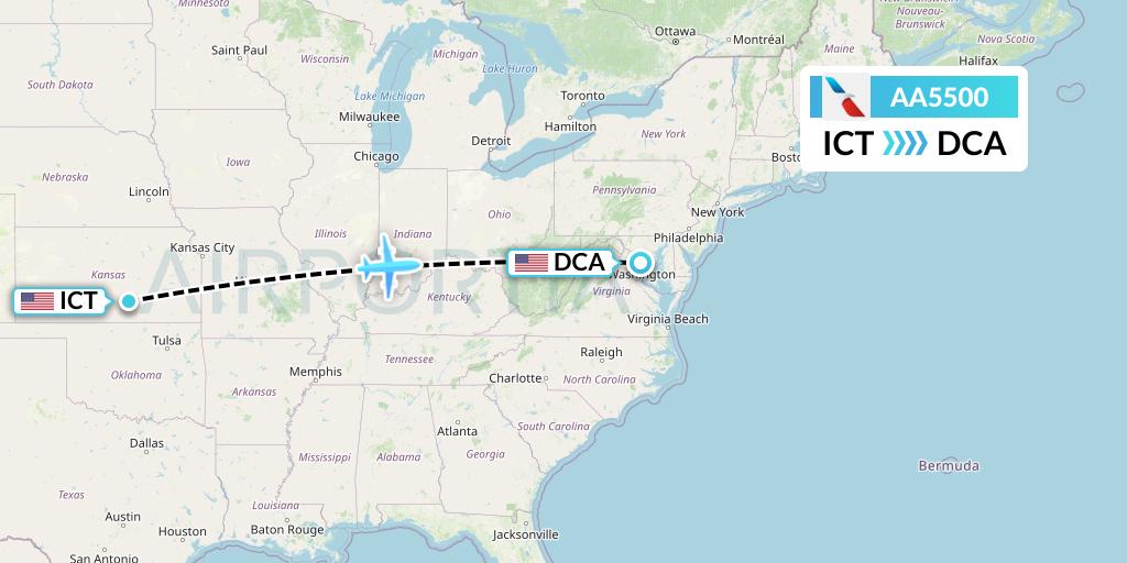 AA5500 American Airlines Flight Map: Wichita to Washington