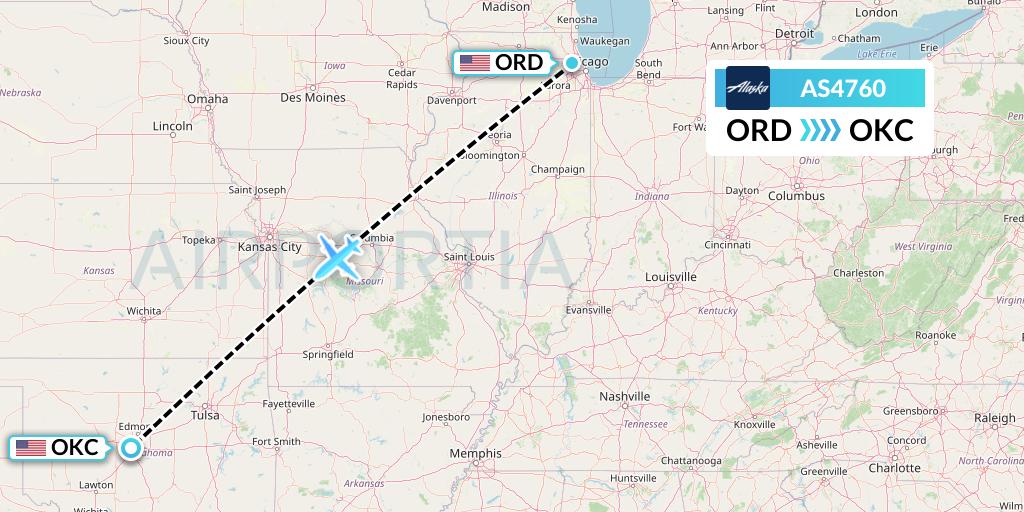 AS4760 Alaska Airlines Flight Map: Chicago to Oklahoma City