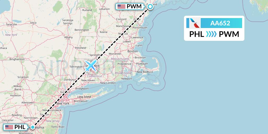 AA652 American Airlines Flight Map: Philadelphia to Portland