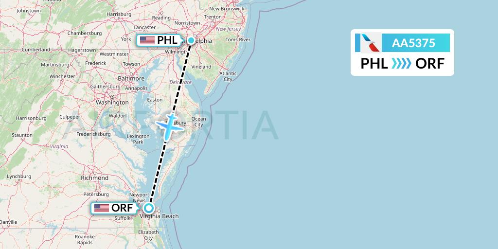 AA5375 American Airlines Flight Map: Philadelphia to Norfolk