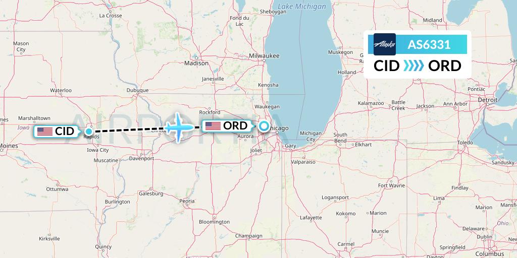 AS6331 Alaska Airlines Flight Map: Cedar Rapids to Chicago