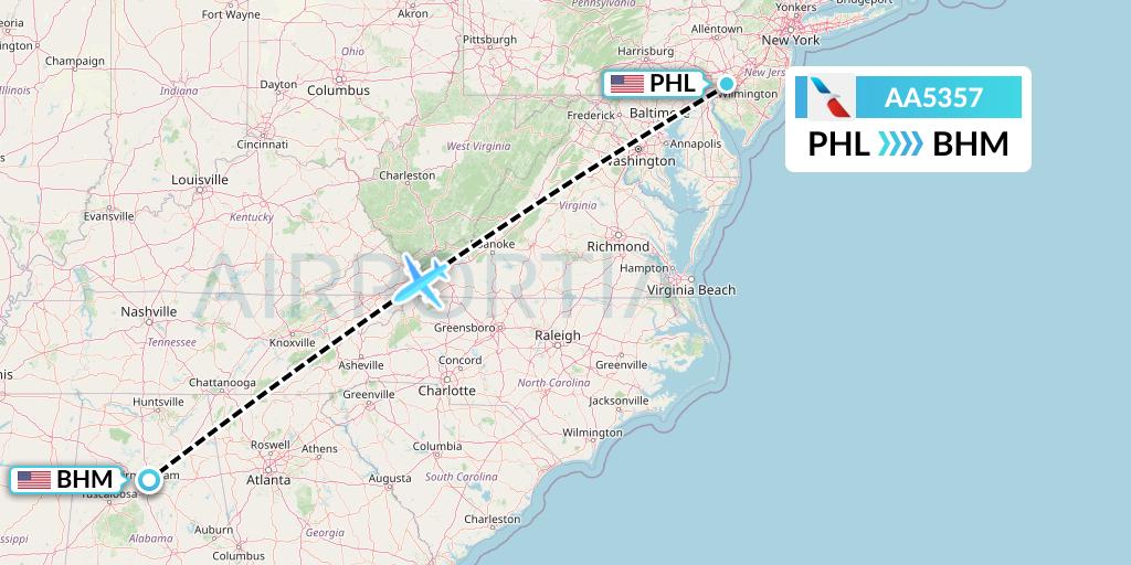 AA5357 American Airlines Flight Map: Philadelphia to Birmingham