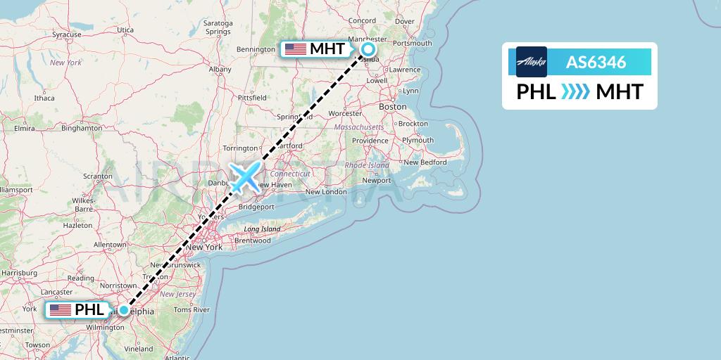 AS6346 Alaska Airlines Flight Map: Philadelphia to Manchester
