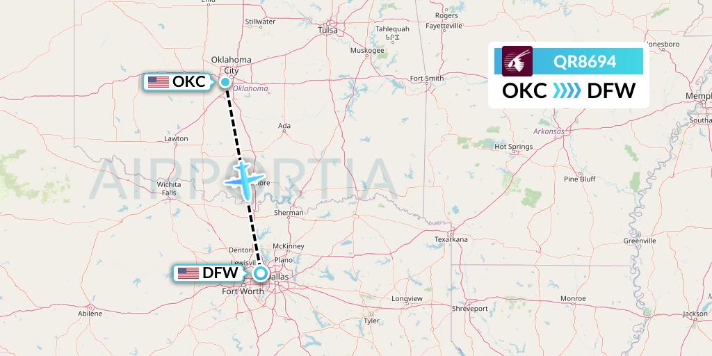 QR8694 Qatar Airways Flight Map: Oklahoma City to Dallas