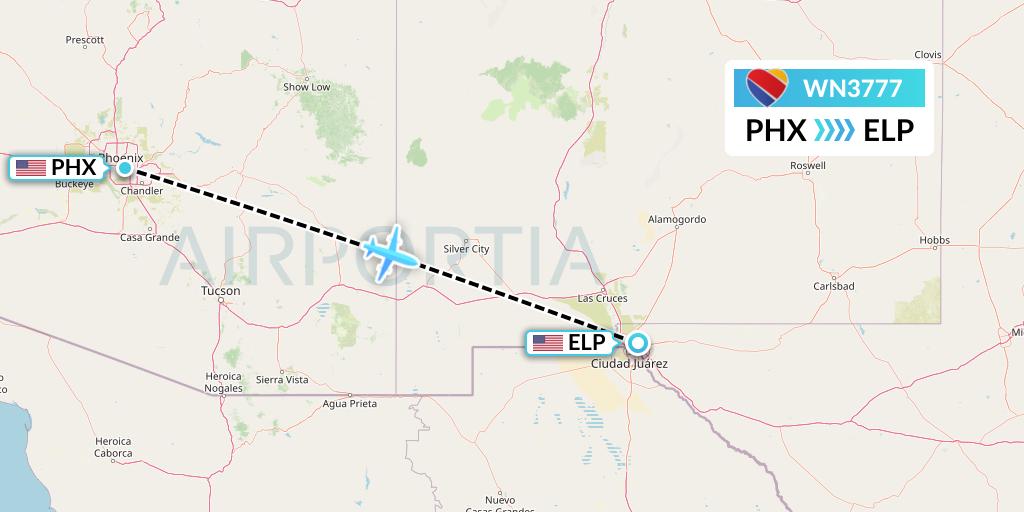 WN3777 Southwest Airlines Flight Map: Phoenix to El Paso