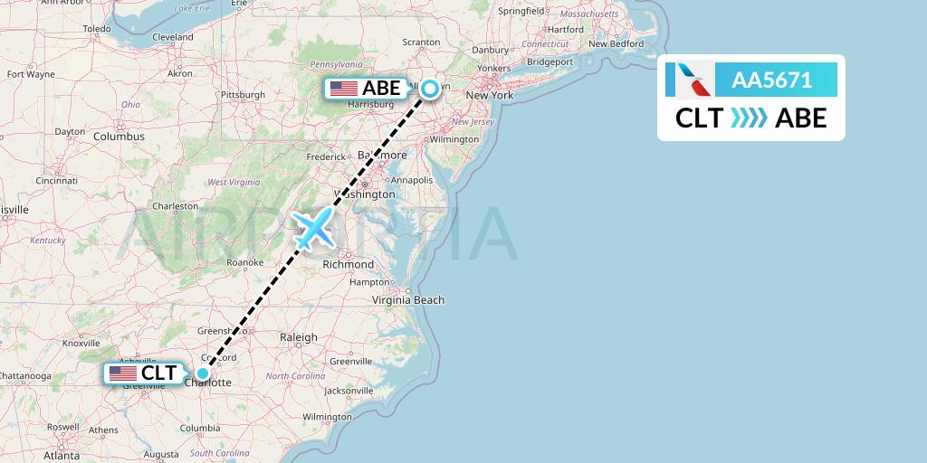 AA5671 American Airlines Flight Map: Charlotte to Allentown