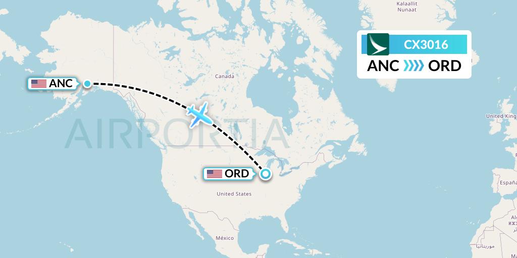 CX3016 Cathay Pacific Flight Map: Anchorage to Chicago