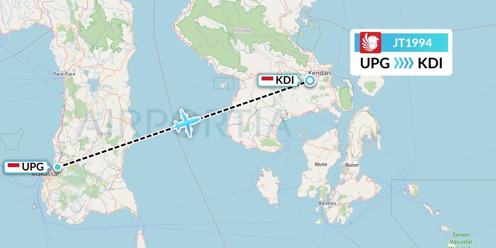 JT1994 Lion Airlines Flight Map: Makassar to Kendari
