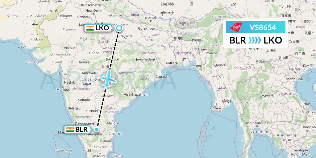 VS8654 Virgin Atlantic Airways Flight Map: Bangalore to Lucknow