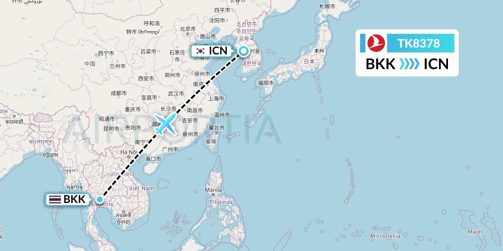 TK8378 Turkish Airlines Flight Map: Bangkok to Seoul