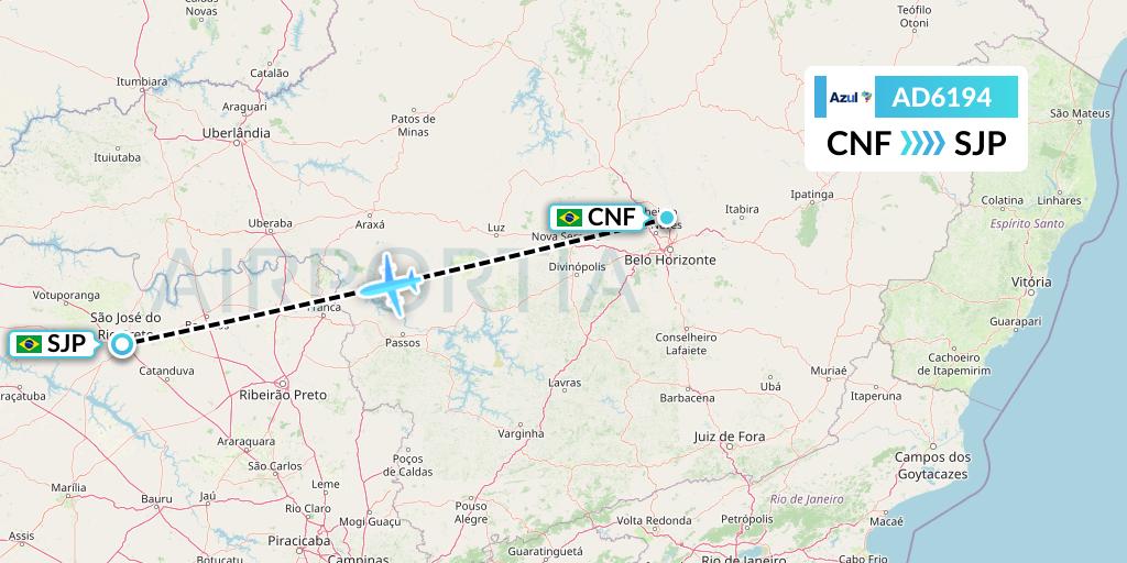 AD6194 Azul Brazilian Airlines Flight Map: Belo Horizonte to Sao Jose Do Rio Preto