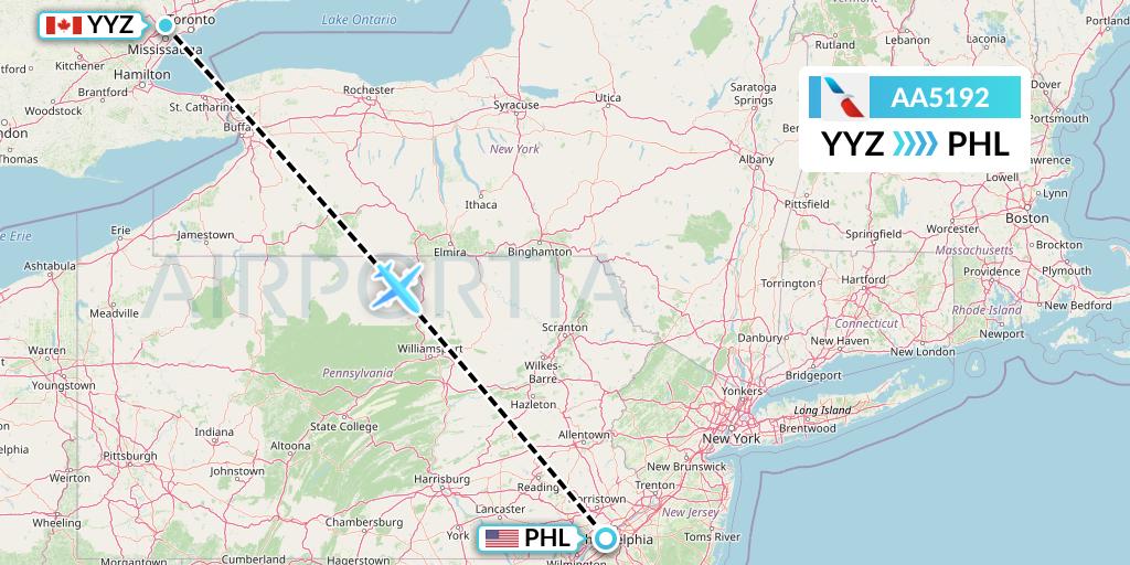 AA5192 American Airlines Flight Map: Toronto to Philadelphia