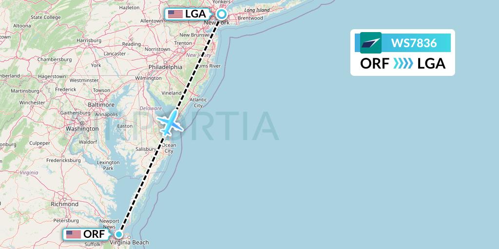 WS7836 WestJet Flight Map: Norfolk to New York
