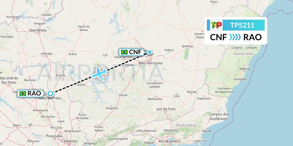 TP5211 TAP Portugal Flight Map: Belo Horizonte to Riberao Preto