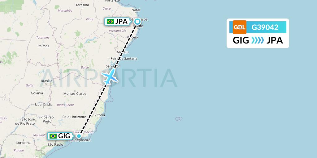 G39042 GOL Transportes Aeros Flight Map: Rio de Janeiro to Joao Pessoa