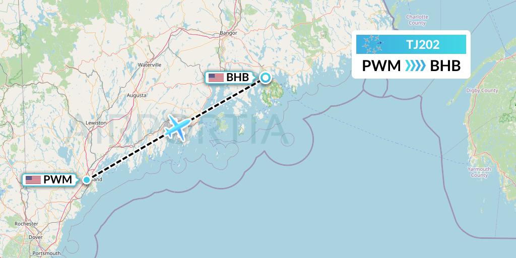 TJ202 Tradewind Aviation Flight Map: Portland to Bar Harbor
