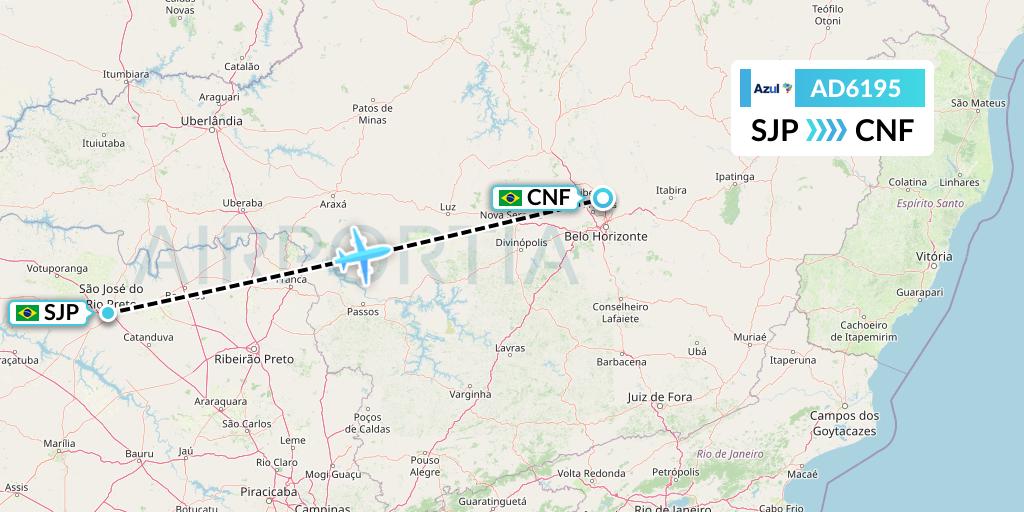 AD6195 Azul Brazilian Airlines Flight Map: Sao Jose Do Rio Preto to Belo Horizonte