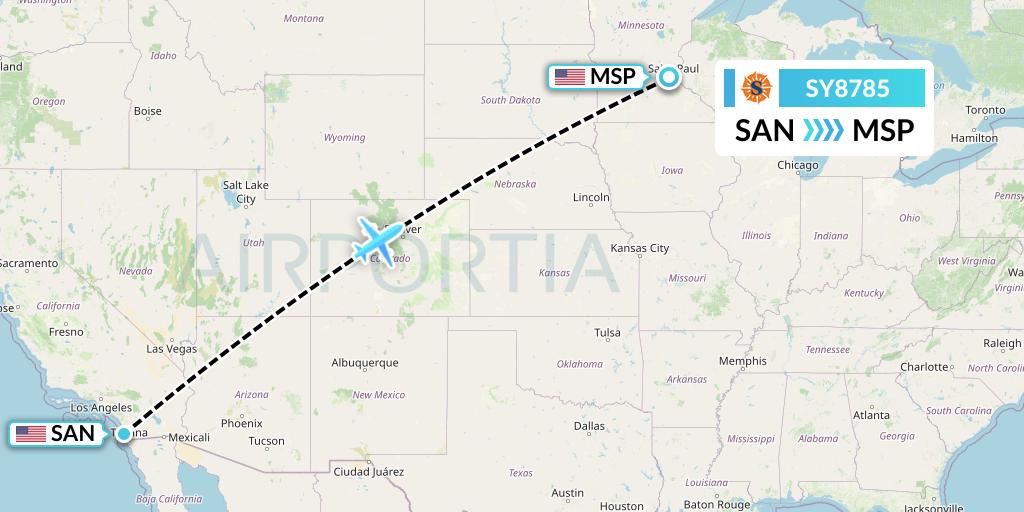 SY8785 Sun Country Airlines Flight Map: San Diego to Minneapolis