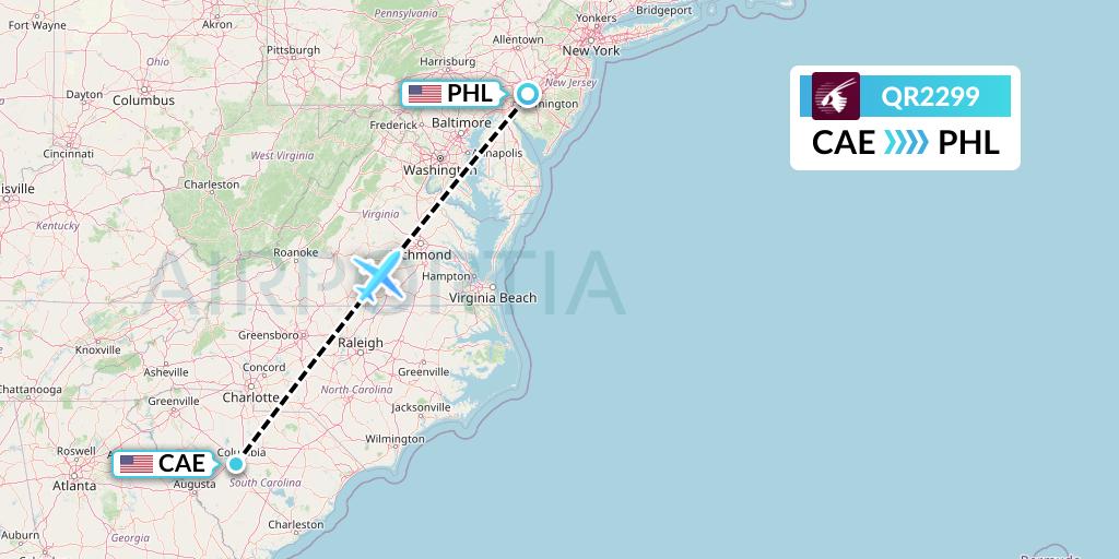 QR2299 Qatar Airways Flight Map: Columbia to Philadelphia