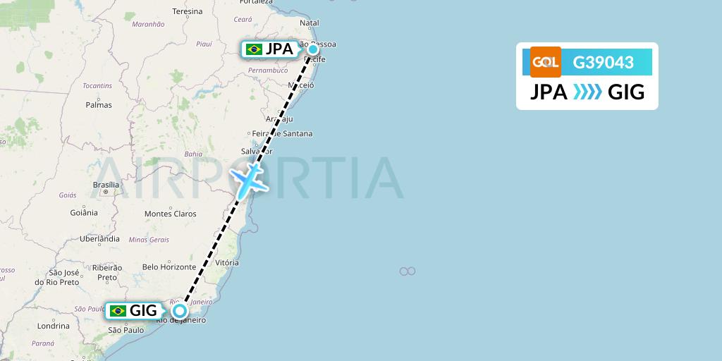 G39043 GOL Transportes Aeros Flight Map: Joao Pessoa to Rio de Janeiro