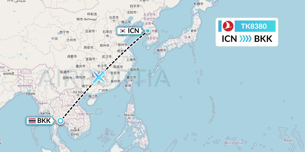 TK8380 Turkish Airlines Flight Map: Seoul to Bangkok