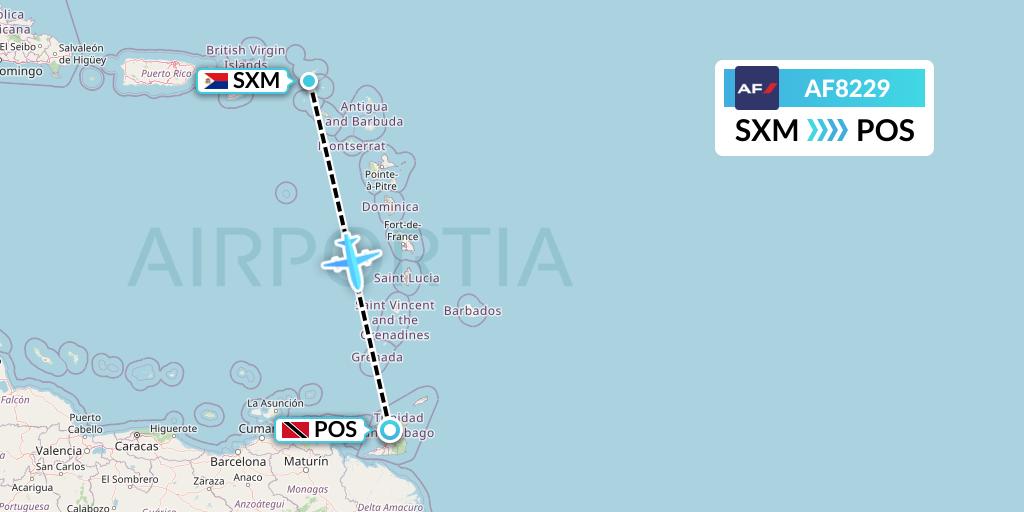 AF8229 Air France Flight Map: Sint Maarten to Port of Spain