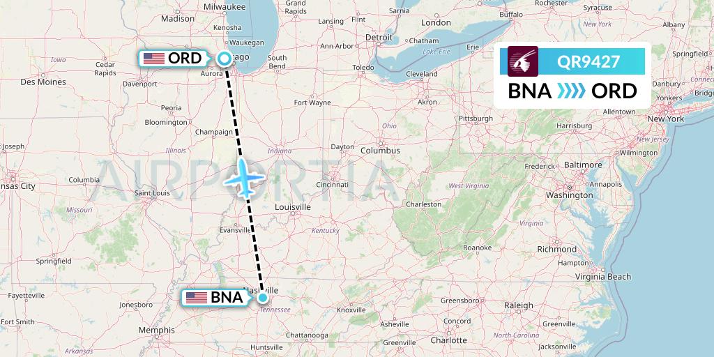 QR9427 Qatar Airways Flight Map: Nashville to Chicago
