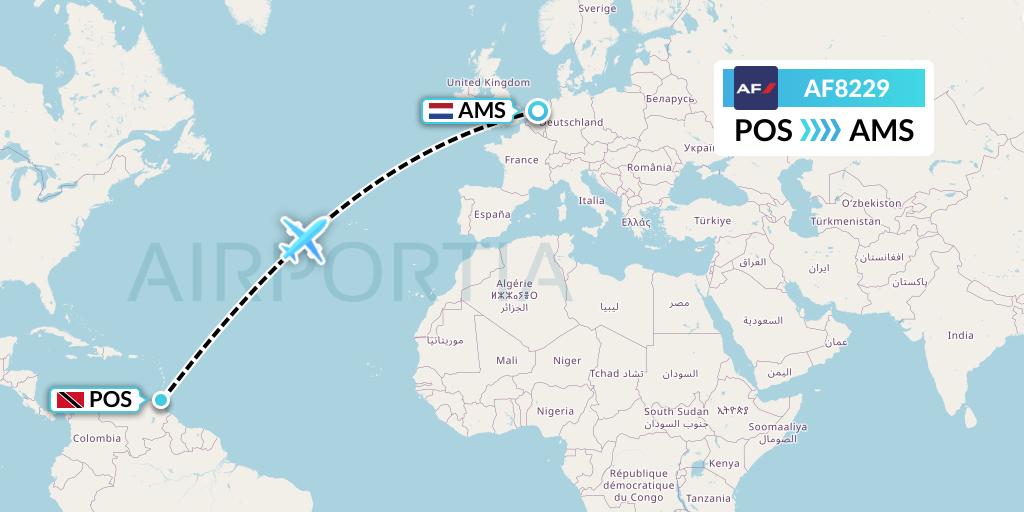 AF8229 Air France Flight Map: Port of Spain to Amsterdam