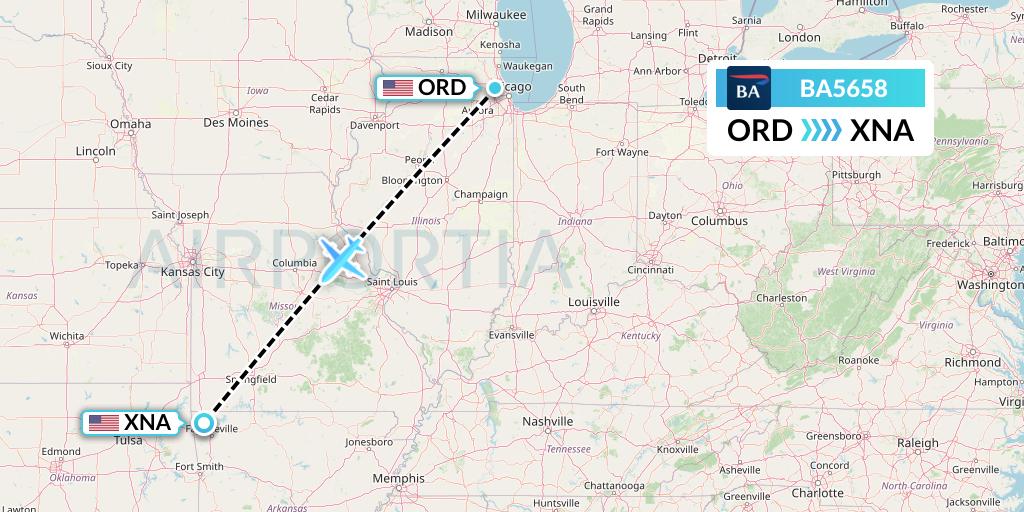 BA5658 British Airways Flight Map: Chicago to Bentonville