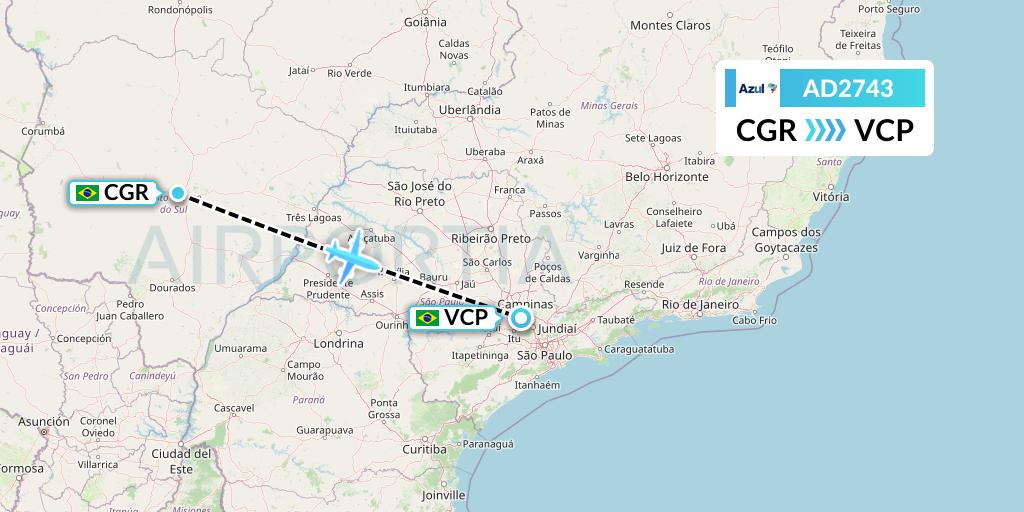 AD2743 Azul Brazilian Airlines Flight Map: Campo Grande to Campinas