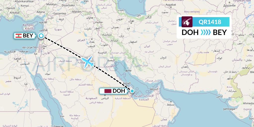QR1418 Qatar Airways Flight Map: Doha to Beirut