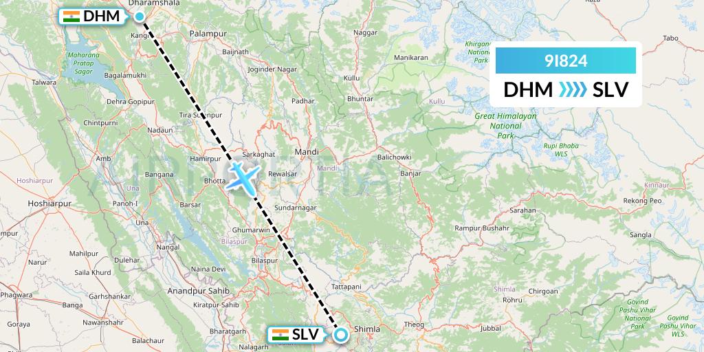 9I824 Air India Regional Flight Map: Dharamsala to India