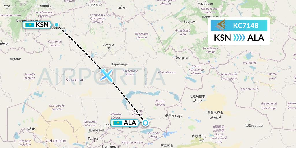 KC7148 Air Astana Flight Map: Kostanay to Almaty