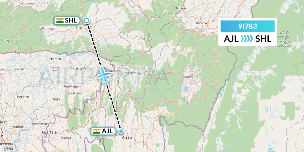 9I783 Air India Regional Flight Map: Aizawl to Shillong
