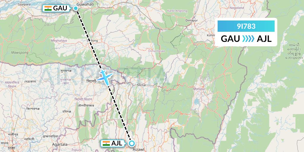 9I783 Air India Regional Flight Map: Guwahati to Aizawl