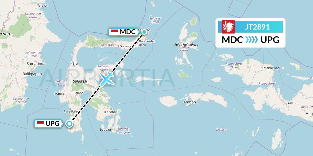 JT2891 Lion Airlines Flight Map: Manado to Makassar