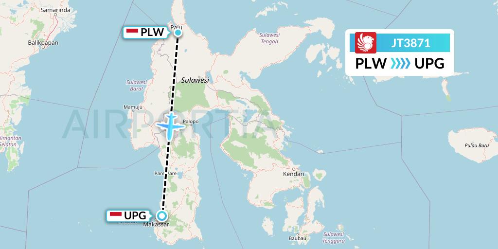 JT3871 Lion Airlines Flight Map: Palu to Makassar