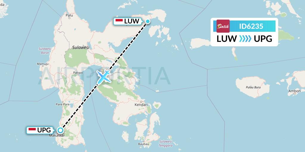 ID6235 Batik Air Flight Map: Luwuk to Makassar