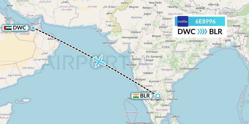 6E8996 IndiGo Airlines Flight Map: Dubai to Bangalore