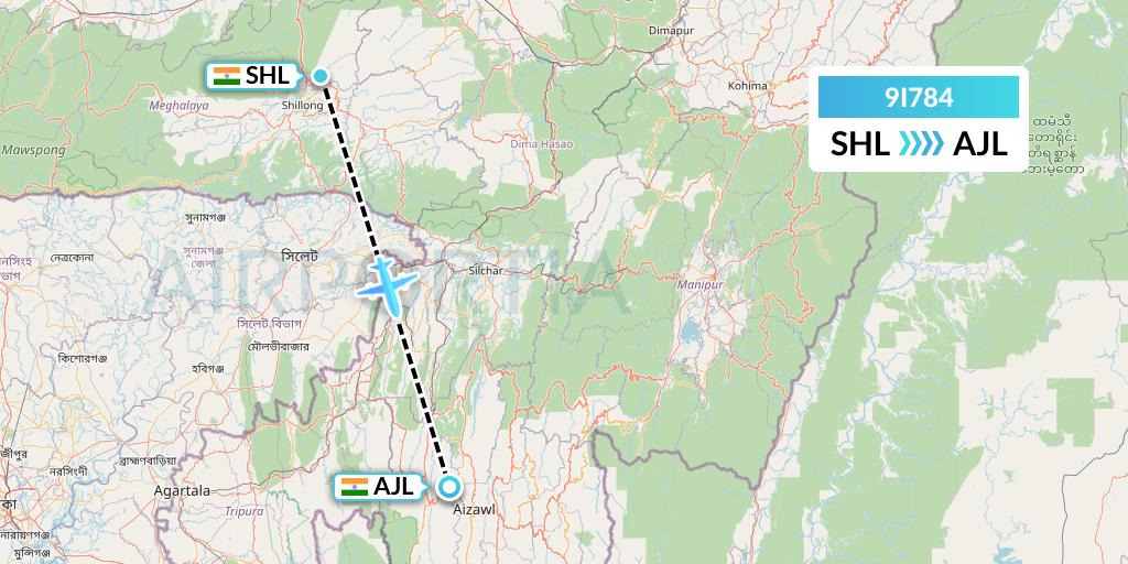 9I784 Air India Regional Flight Map: Shillong to Aizawl