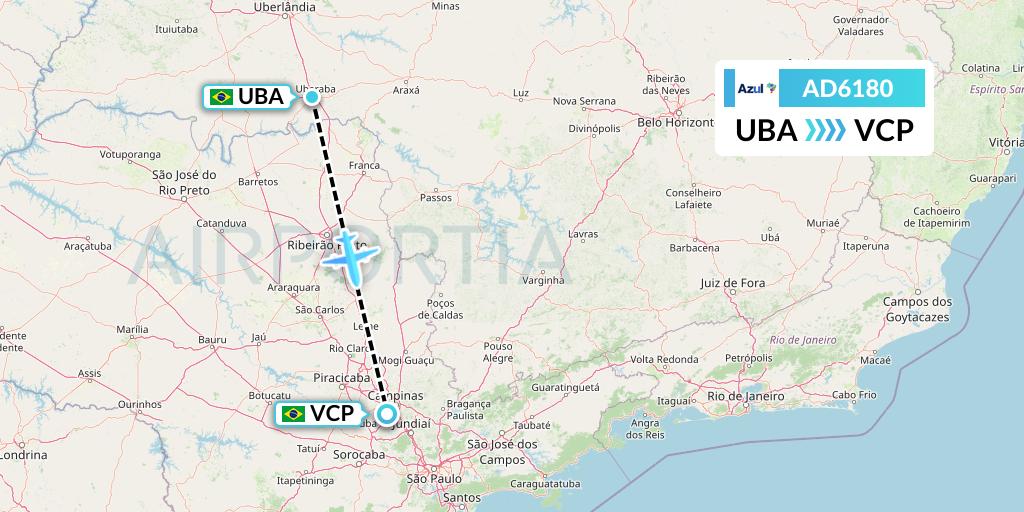 AD6180 Azul Brazilian Airlines Flight Map: Uberaba to Campinas