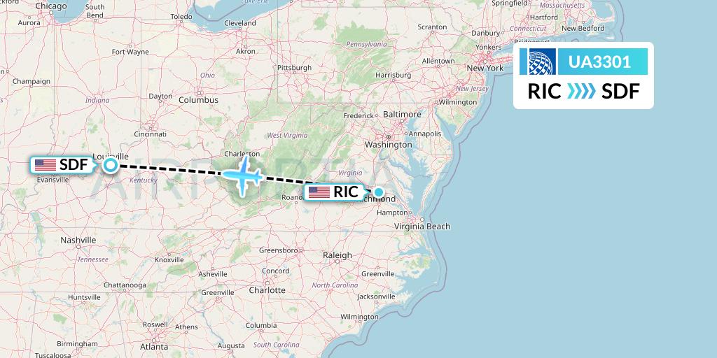 UA3301 United Airlines Flight Map: Richmond to Louisville