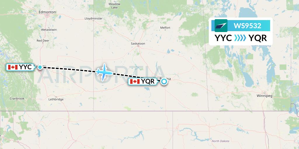 WS9532 WestJet Flight Map: Calgary to Regina