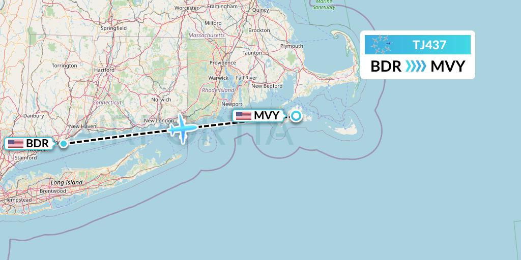 TJ437 Tradewind Aviation Flight Map: Stratford to Martha's Vineyard