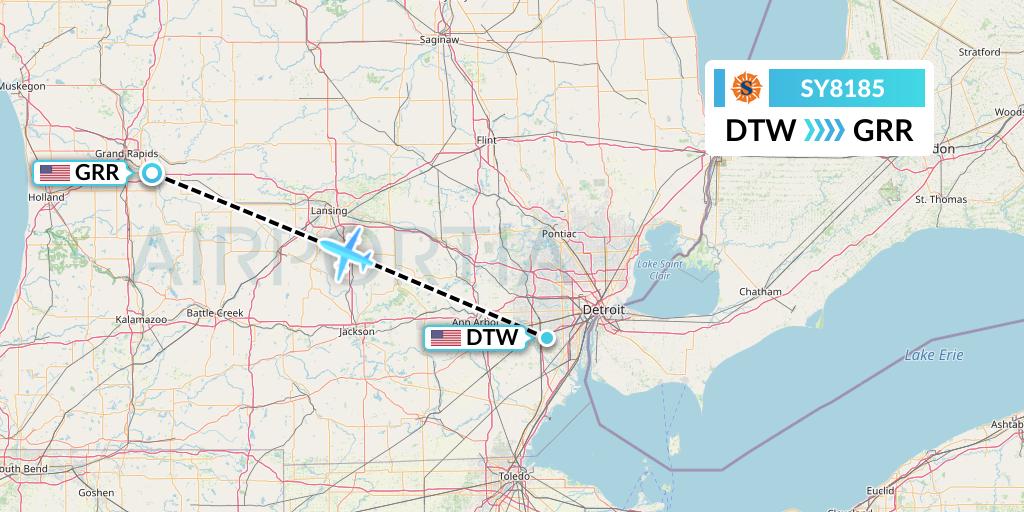 SY8185 Sun Country Airlines Flight Map: Detroit to Grand Rapids