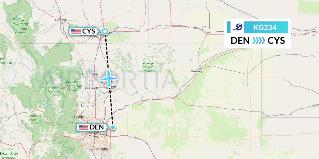 KG234 Key Lime Air Flight Map: Denver to Cheyenne