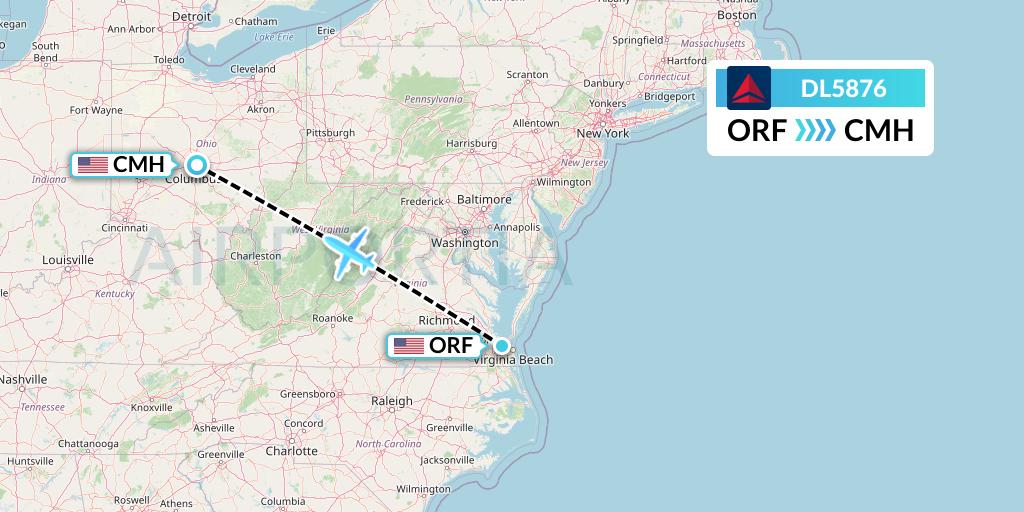DL5876 Delta Air Lines Flight Map: Norfolk to Columbus