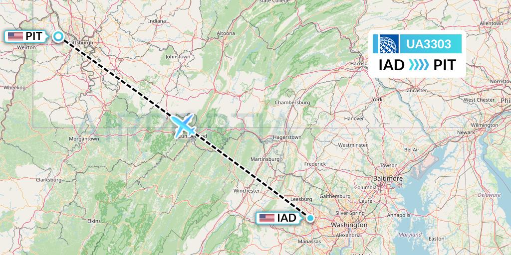 UA3303 United Airlines Flight Map: Washington to Pittsburgh