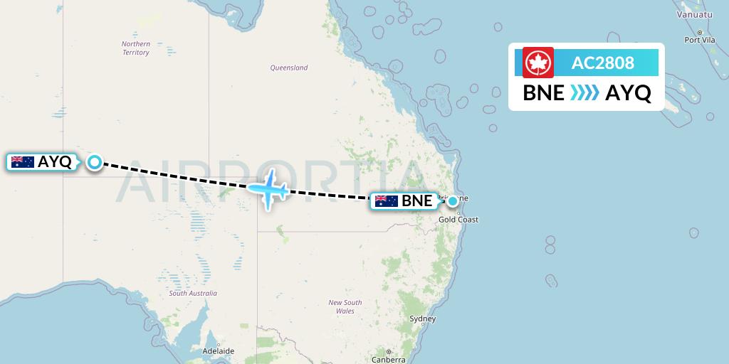 AC2808 Air Canada Flight Map: Brisbane to Ayers Rock