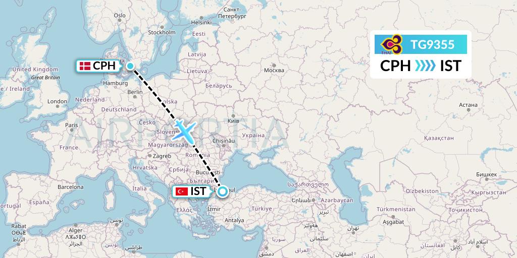 TG9355 Thai Airways Flight Map: Copenhagen to Istanbul